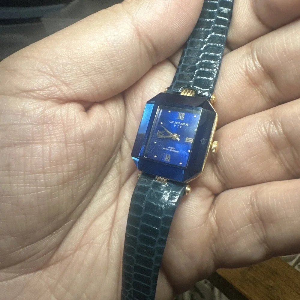 Working Quemex 18K Gold Plated Blue/Gold Dainty Ladies QUARTZ Watch 22mm Fit 6in